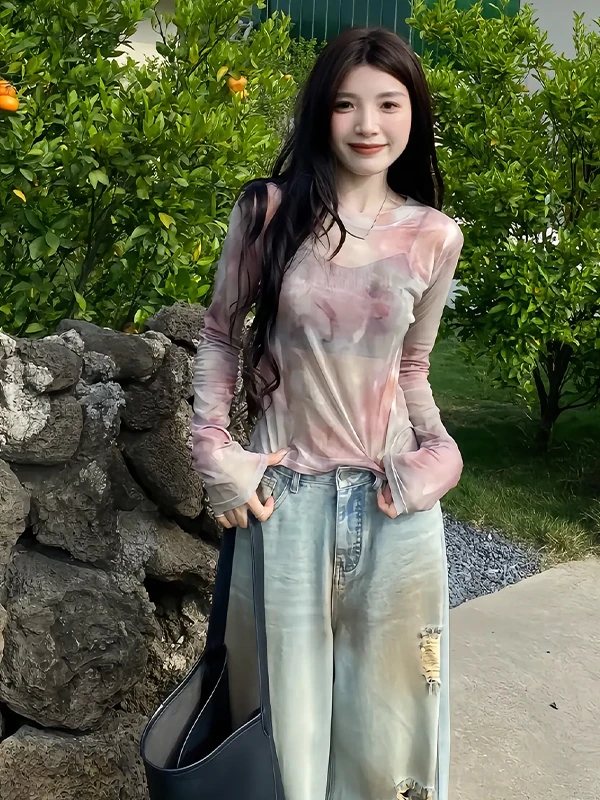 

Long Sve Tie Dye Ice Silk Me T-irt Women's Slim Fit Small Size Sun Protection Cover up See tough Top for Summer 2025