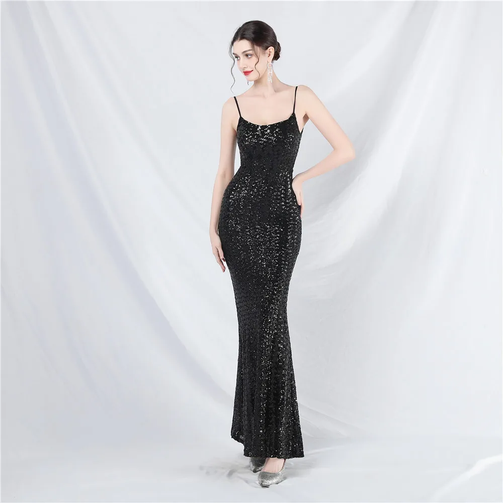 2024 Women's Sequin Spaghetti Strap Backless Maxi Dress Sexy Slim Banquet Wedding Party Prom Evening Gown Elegant Mermaid Dress