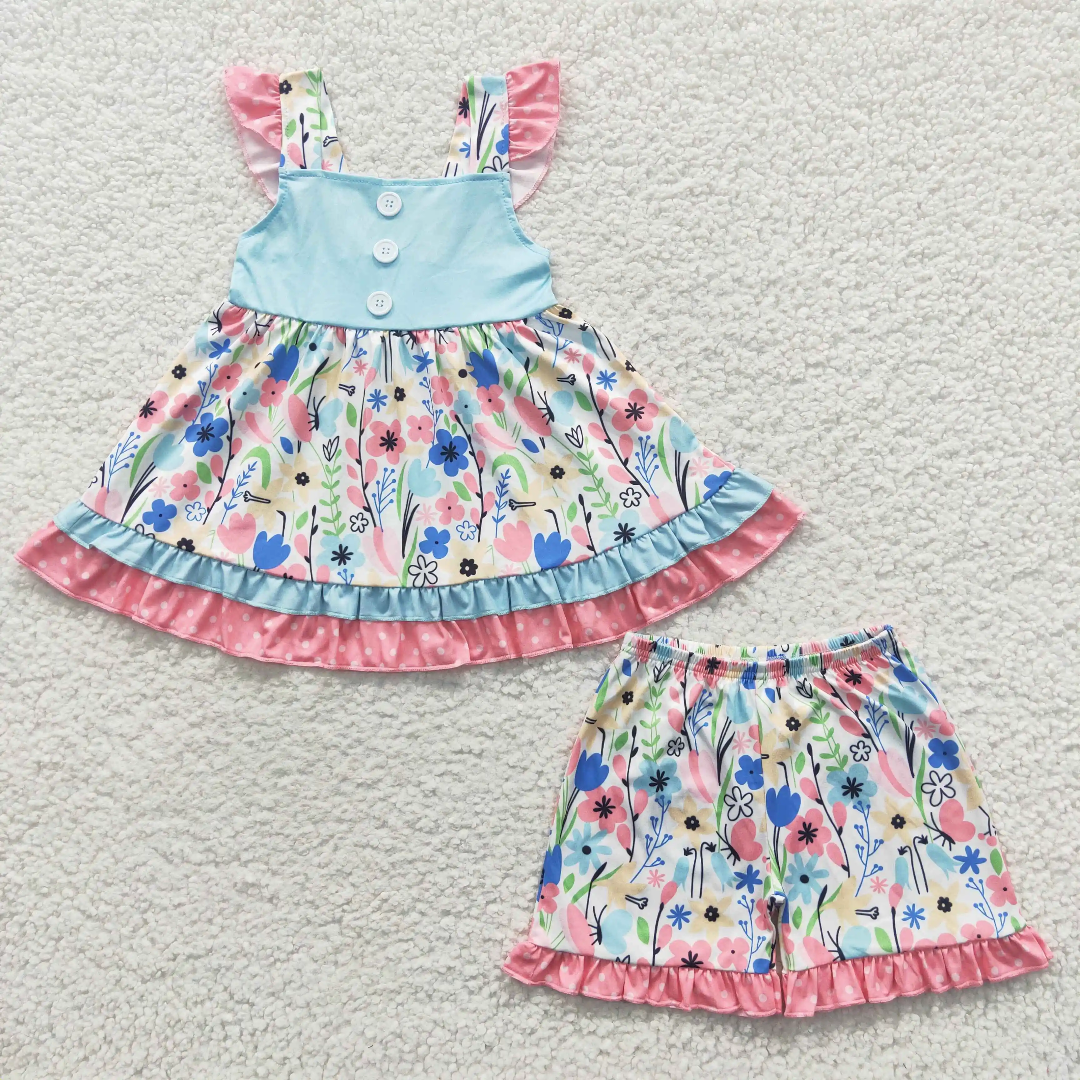 

z99-06 GSSO0243 Summer baby girls clothes Flowers and leaves pink vest shorts suit Western Boutique kids clothes girls sets