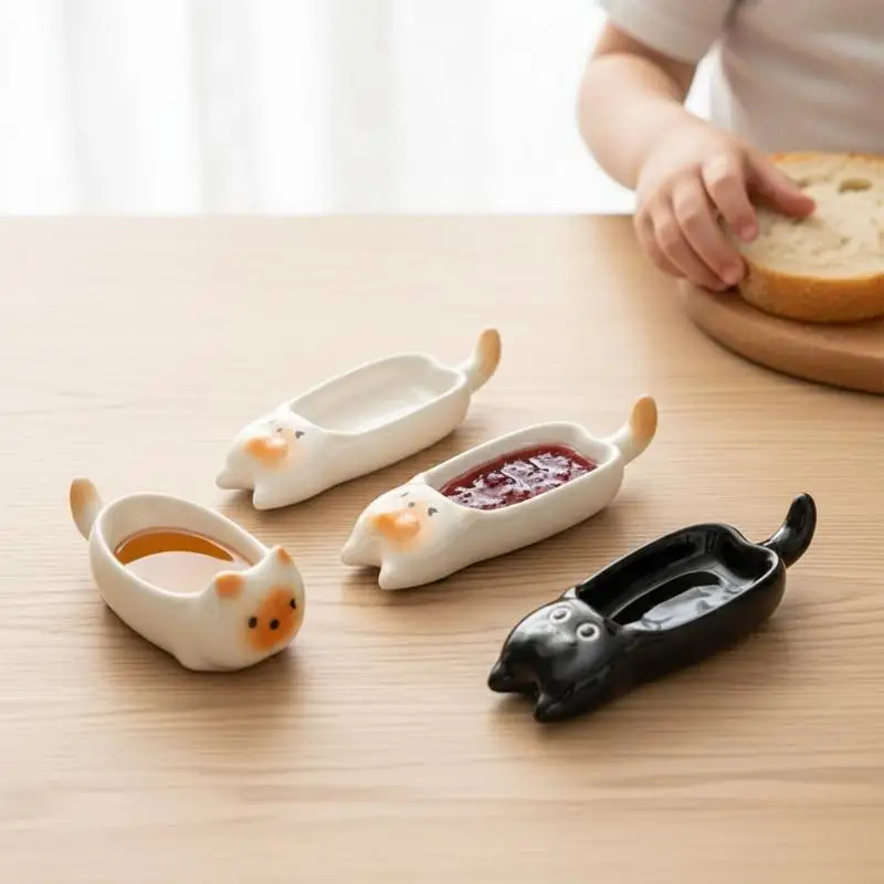 Ceramic Cat-Shaped Mini Dipping Plate Side Dish Small Bowl Home Diningware Kitchen Table Decorative Cat Bowl