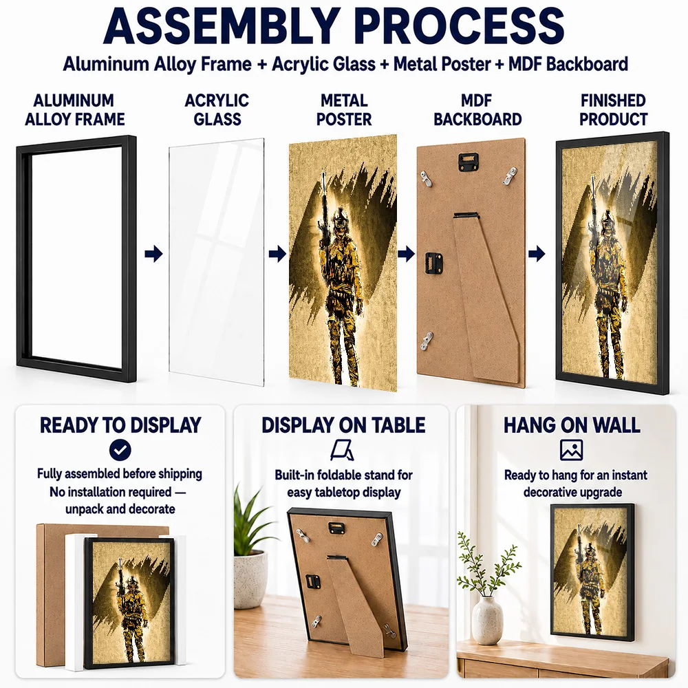 Standing Soldier With Rifle Framed Aluminum Metal Poster Personalized Painterly Wall Art For Study And Military History Room