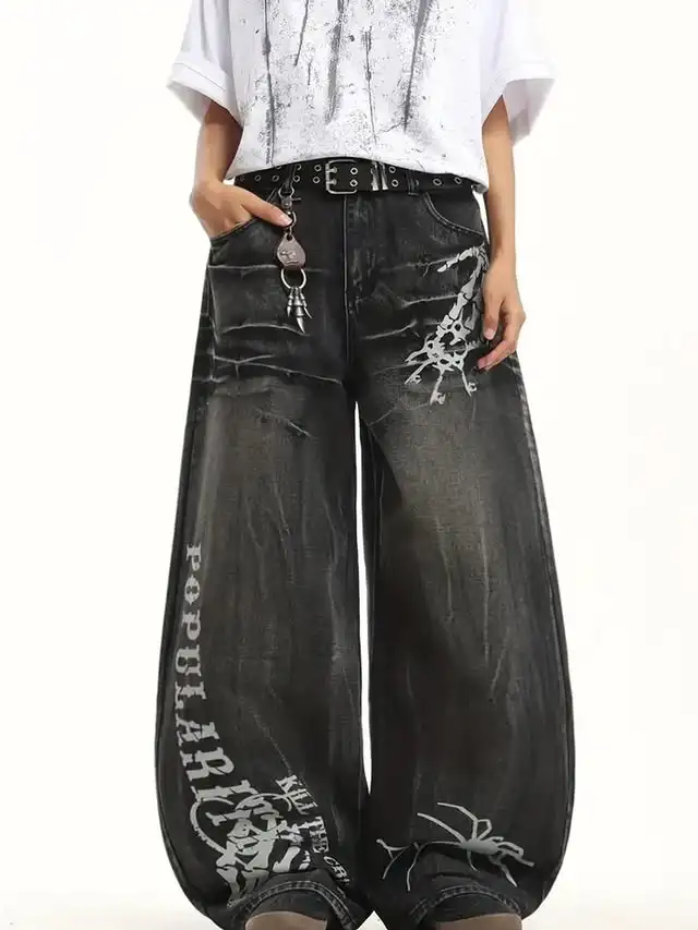 Y2K High Street Darkแฟชั่นGothicกางเกงยีนส์UnisexอเมริกันHarajuku BaggyตรงกางเกงHip Hop Rock Trendกางเกงกว้าง