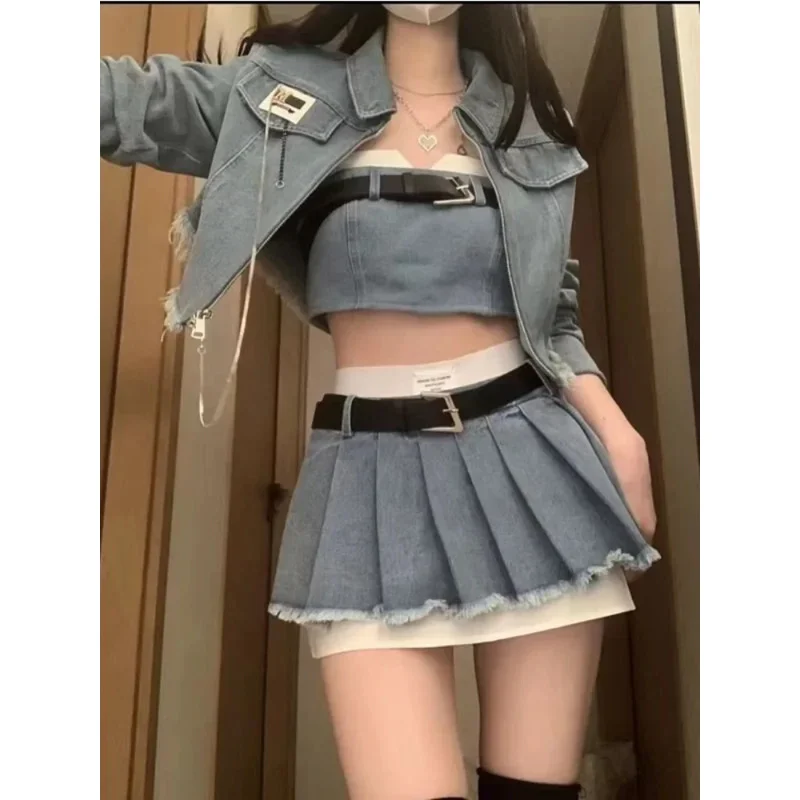 

High street Y2K fashion two piece set women retro denim long sleeve skirts suit Korean style chic set short vest mini skirt