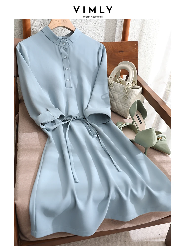 Vimly Elegant Solid Lace-up Slim Waist Dress Women 2023 Summer Straight Stand Collar Long Sleeve Office Ladies Vintage Dresses