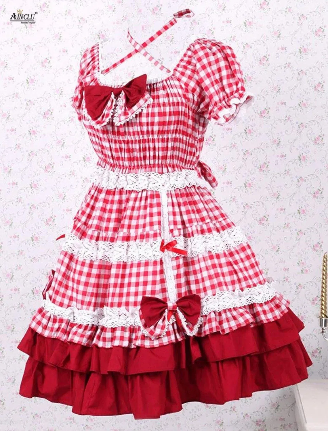 Spring/Summer/ Ainclu Womens Cotton Red Bow Ruffles Sweet A-line Bubble Lolita Dress Free Shipping for Party/Casual
