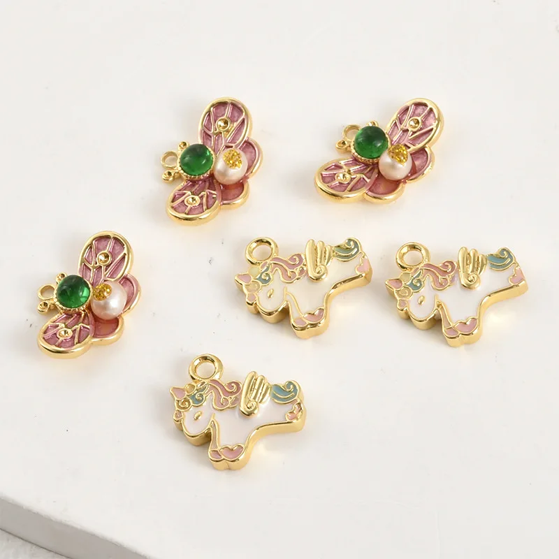 Copper-plated 18k Gold Color Pearl Oil Painting Butterfly Little Pegasus Pendant DIY Handmade Bracelet Necklace Accessories