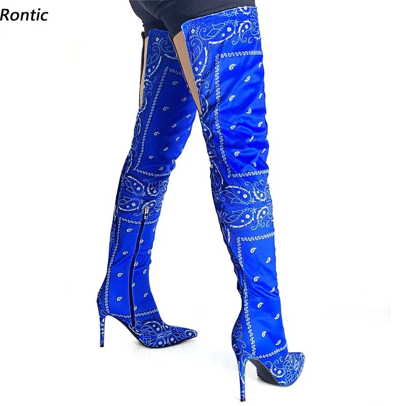 

Rontic женские зимние сапоги до бедра с боковой молнией, сексуальные туфли на шпильке с острым носком, великолепные красные, черные, синие туфли для вечеринок, размер США 5-15