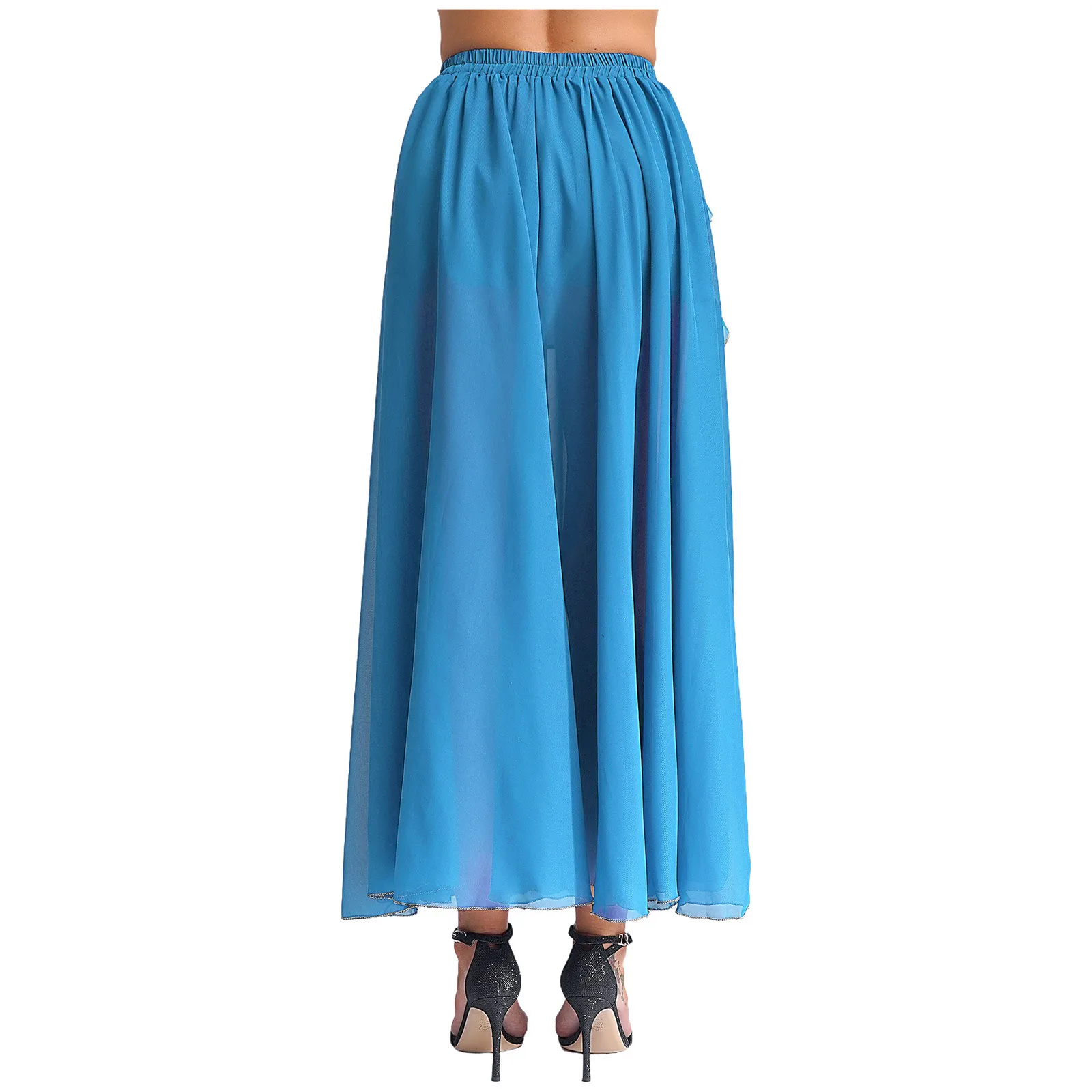 Womens Flowy Chiffon Belly Dance Skirt Elastic Waistband Cascading Ruffles Side Split Swing Skirt Ballroom Lyrical Dance Costume