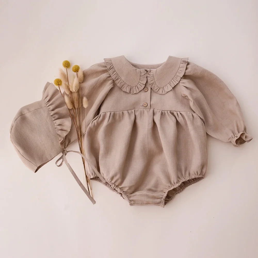 2Pcs Frühling Baby Mädchen Kleidung Mit Hut 0-2Y Infant Mädchen Strampler Leinen Baumwolle Langarm Neugeborenen Einem Stück Baby mädchen Overall