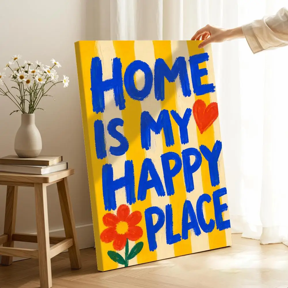 Home Is My Happy Place Framed Wall Painting Ready to Hang Canvas Art Poster for Living Room Bedroom Home Decor Decals