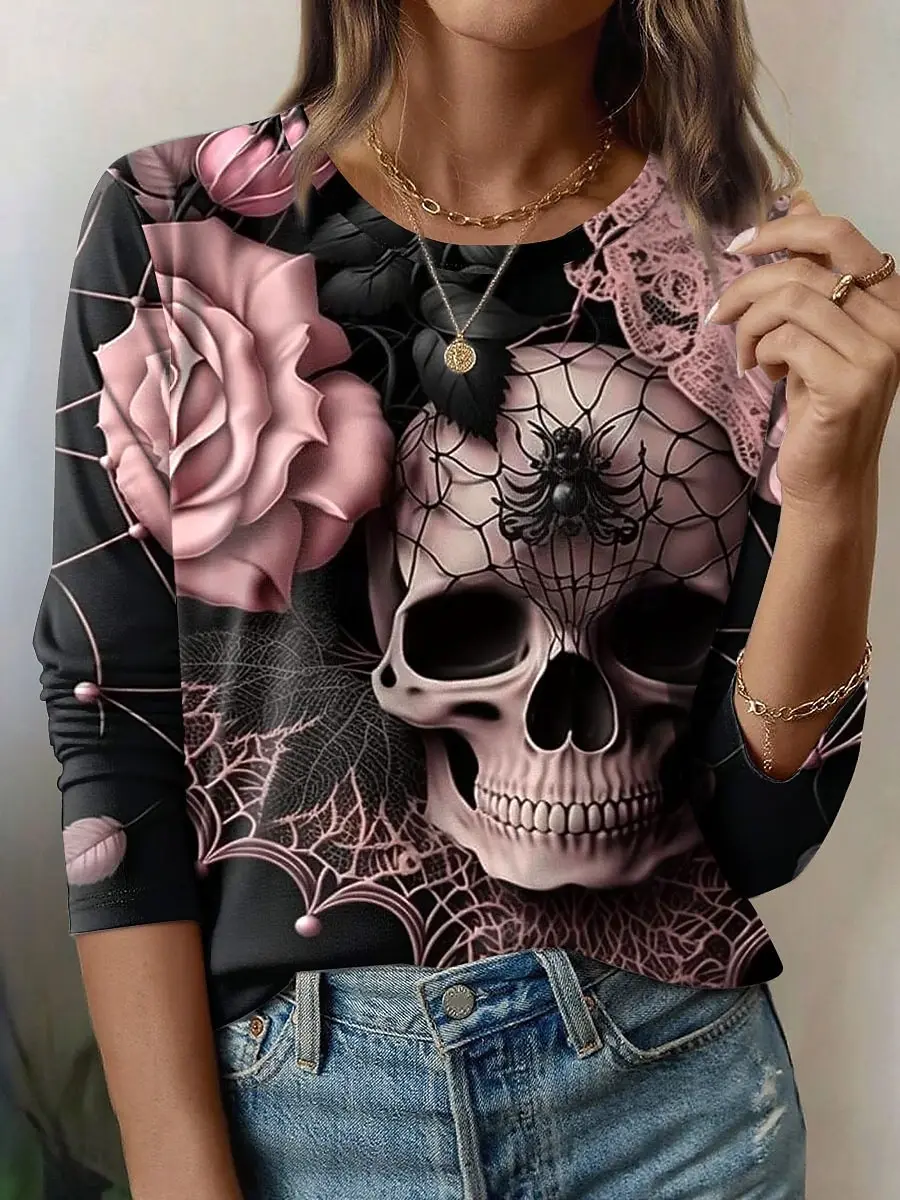 

Women's All-match Halloween Shirt 3D Printed Skull and Floral Combination Print Round Neck Long Sleeve Polyester Fabric Top