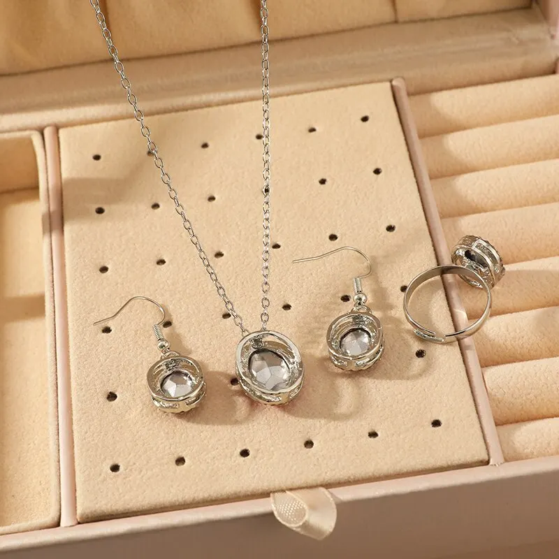 4pc Crystal Set Jewelry Women Fashion Trend Jewelry Geometric Oval Crystal Necklace Earrings Ring Three Pieces Set