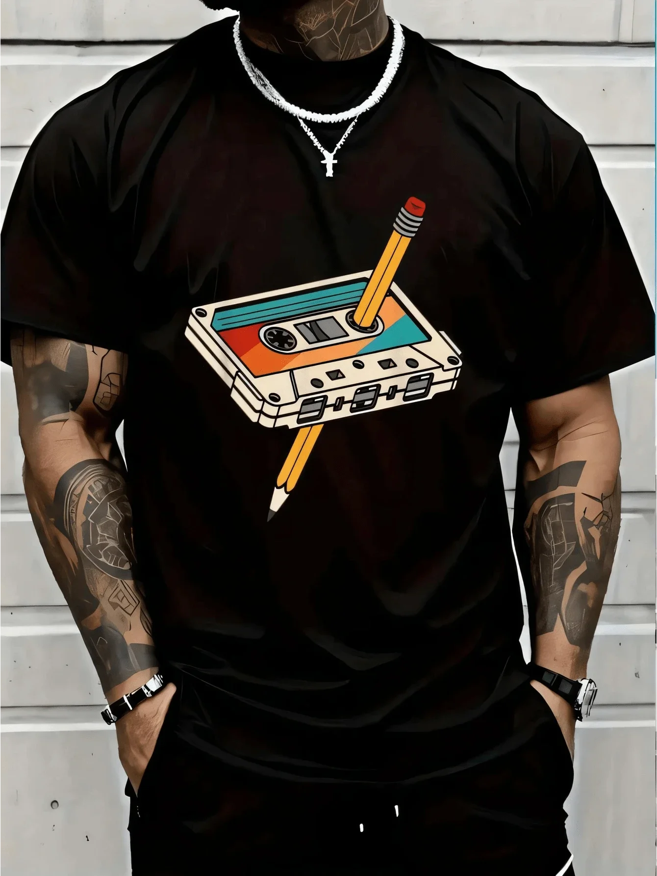 100% Cotton 80s 90s Retro Cassette Tape 1980s 1990s Music Vintage Outfit T-Shirt Round Neck Short Sleeve T-Shirt Women's Men's Graphic Tee Women's