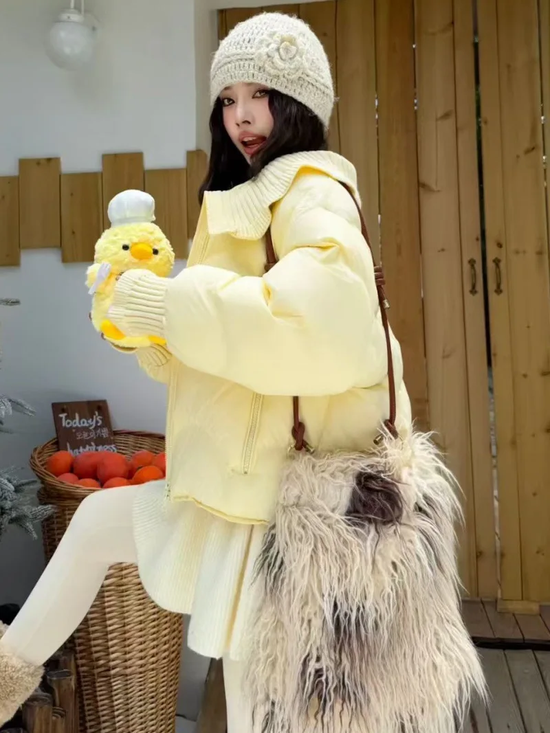 Winter Puff Knitted Splicing Down Jacket Women White Duck Down Big Lapel Outwears Female Fluffy Warm Thick Parker Bread Jacket