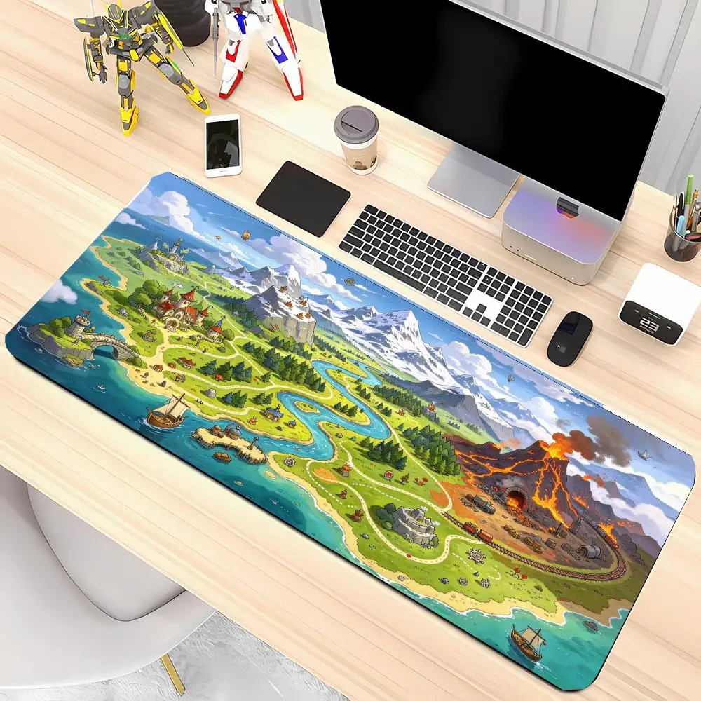 Island Volcano World Map Table Mat Smooth Glide Precision Tracking Thick Rubber For Gaming Room Decor