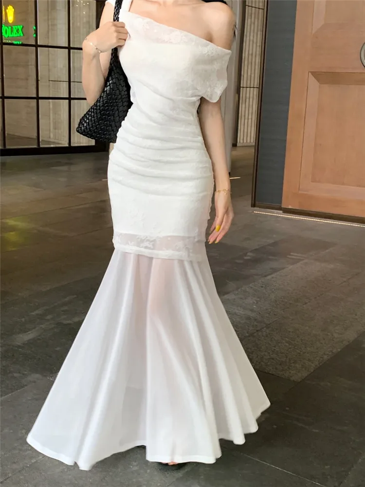 

Irregular Off Shoulder Blue White Mesh Patchwork Long Dress Summer Holiday Seaside Vacation Short Sleeve Bodycon Mermaid Dress