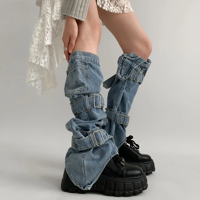 Punk Style Design Sense Irregular Denim Leg Cover Subculture Blue Hottie Socks Stacking Women'S Calf Legging Warmer