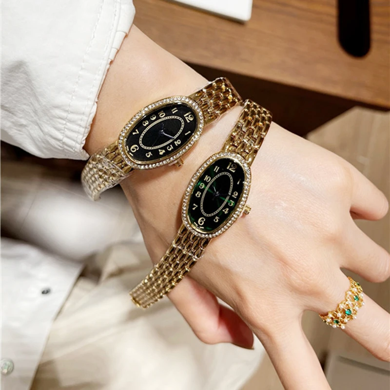 Fashion Brand Wrist Watches Woman Girl 21mm Oval Crystal Style Quartz Steel Metal Band Luxury Clock Lo07