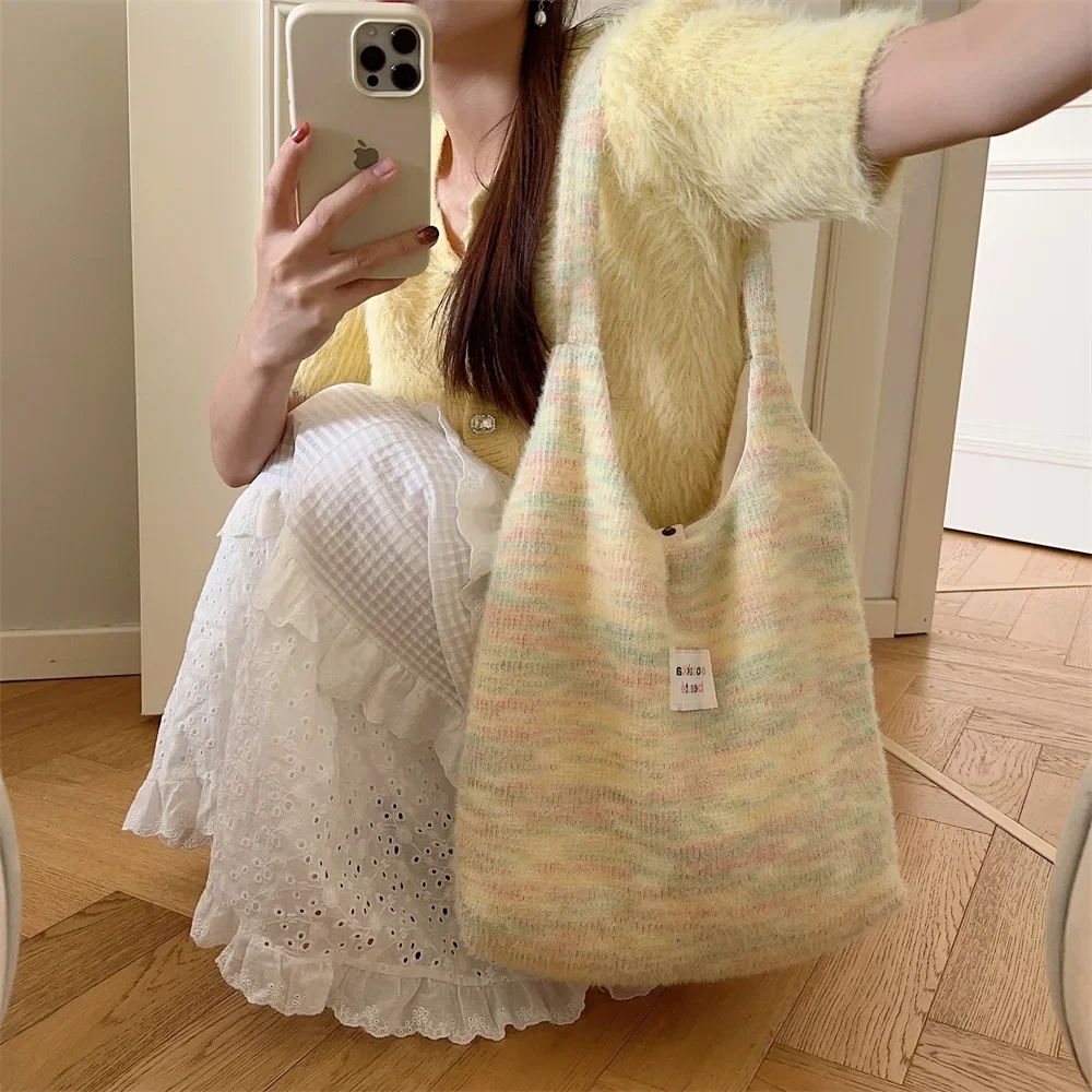 Soft Plush Ladies Shoulder Bags Fashion Knitted Rainbow Color Women's Tote Shopping Bag Large Capacity Female Handbags Purse