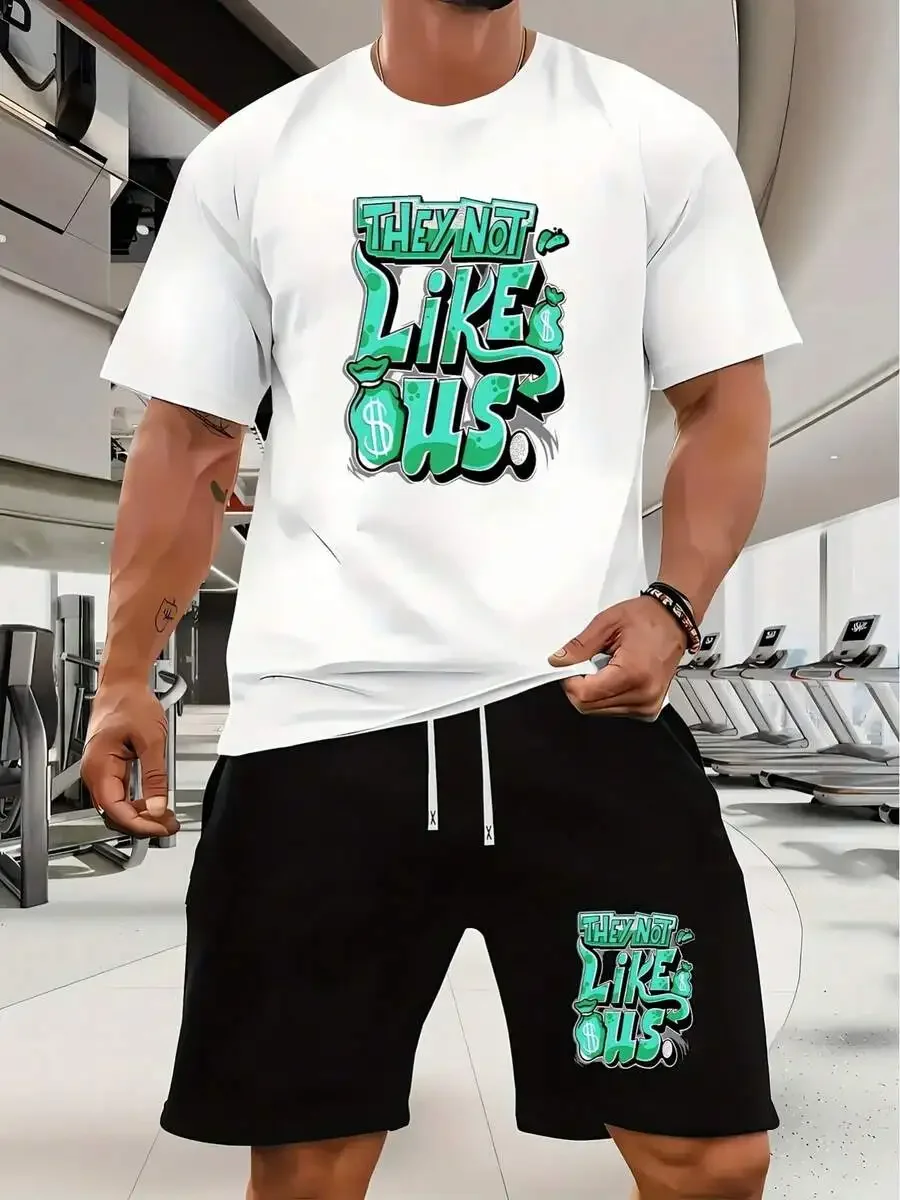 

Mens Graphic Print T-Shirt And Drawstring Shorts Set Casual Summer Sportswear