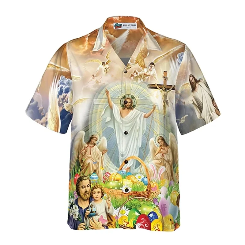 3D Printed Jesus Artistic Men's Resort Hawaiian Button Up Shirts Summer Short Sleeve Plus Size Vacation Tee Shirt Blouse