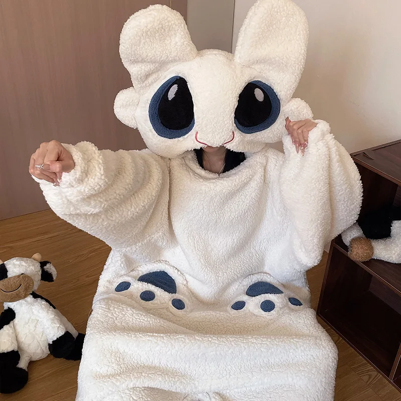 kawaii-cartoon-toothless-plush-pajamas-ins-korean-toothless-hooded-integrated-home-clothes-anime-home-couple-flannel-hoodie-set