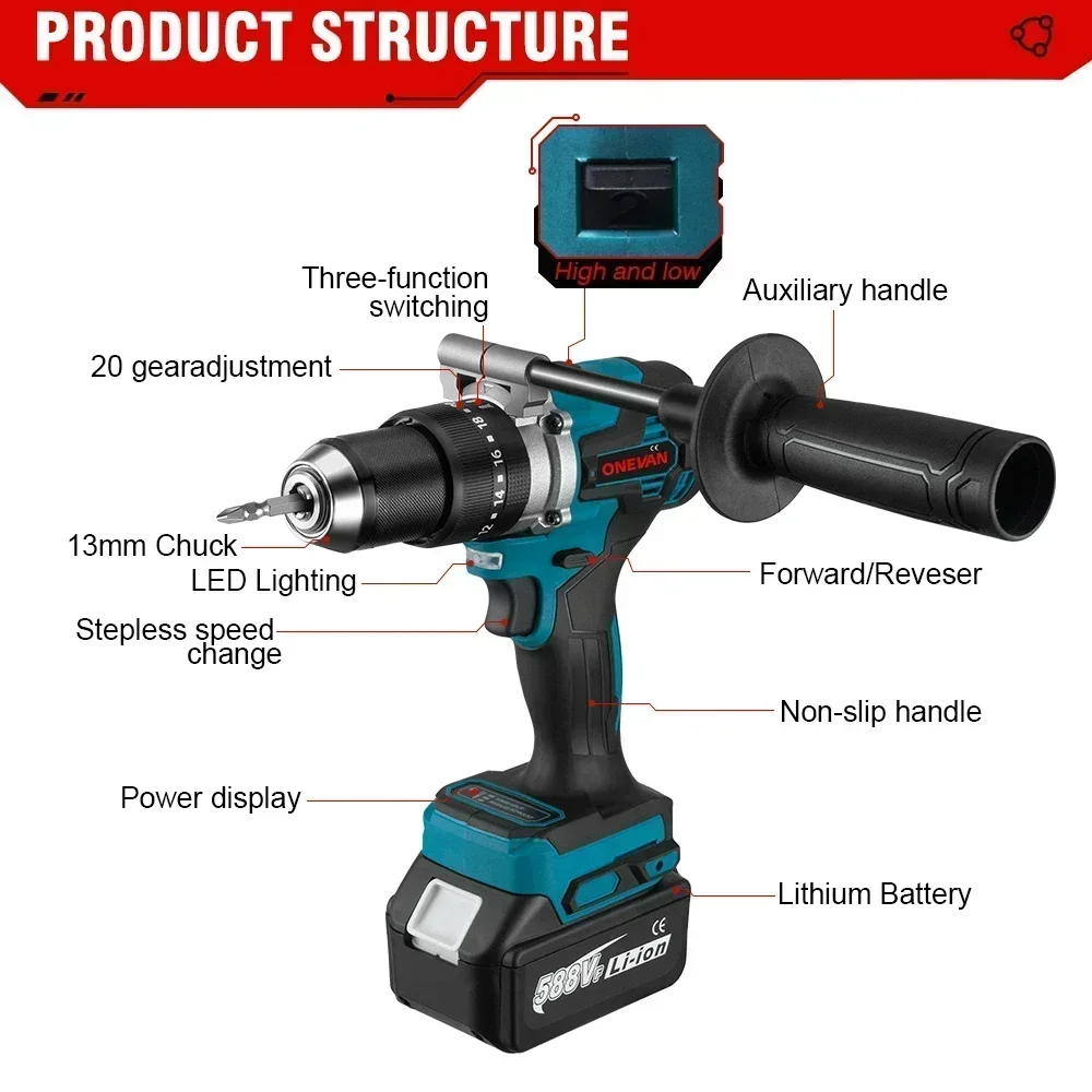 ONEVAN 650NM 13MM Brushless Electric Drill 20+3 Torque Cordless Impact Drill Li-ion Electric Screwdriver For Makita 18v Battery