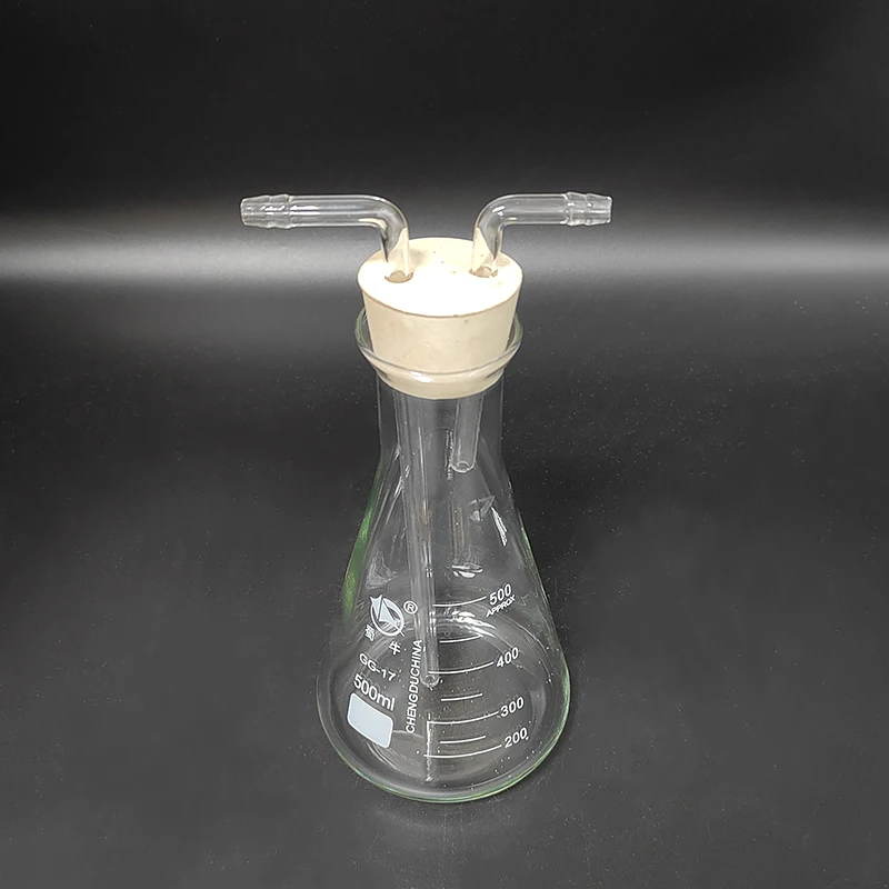 Drechsel gas washing bottle device, Multifunctional gas conical flask, Wide spout with ticks, Double-hole rubber plug catheter