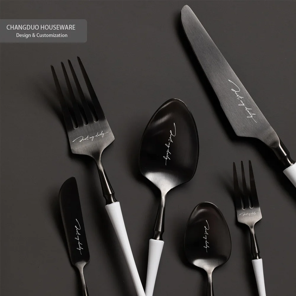 Nordic Stainless Steel Cutlery Black and White Western Tableware Knife Fork Spoon Set Chopsticks Creative Silverware