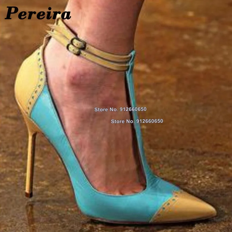 Pereira Pointed Toe Mixed Color T-strap Pumps for Women Buckle Strap Block Heel Wedding Shoes Stilettos High Heel Shoes on Heels