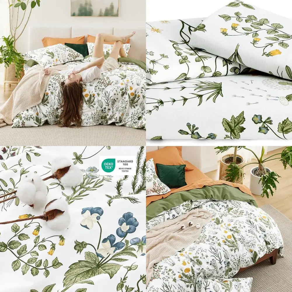 

King Size 100% Cotton Floral Duvet Cover Set with Zipper, 3-Piece Green Bedding with 2 Shams 20x36