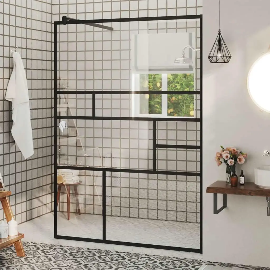 Black Walk-in Shower Wall with Clear ESG Glass - 45.3x76.8 inch Modern Design