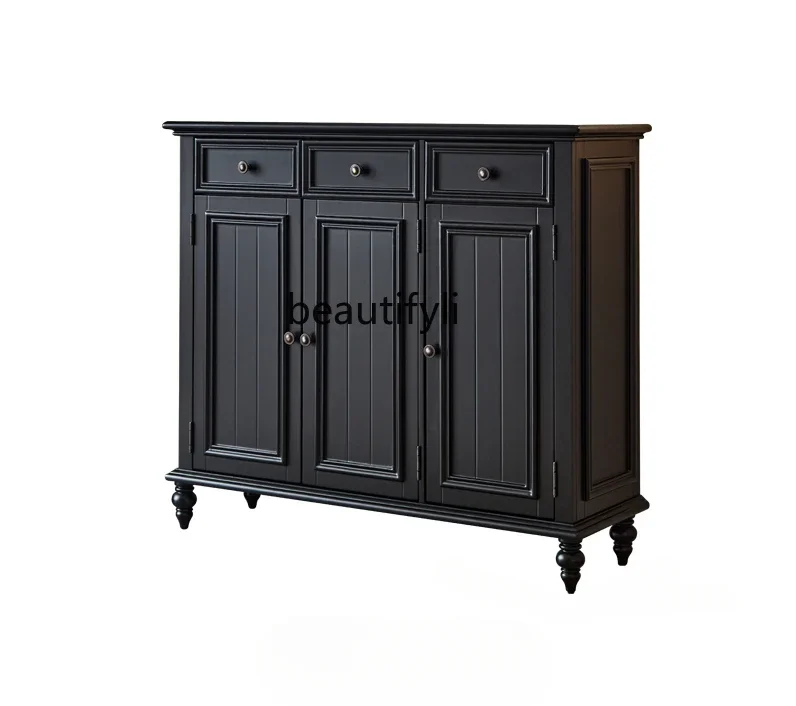 

American Country Shoe Cabinet Solid Wood Black White Light Luxury Ultra-Thin Hallway Living Room Home Doorway Shoe Rack