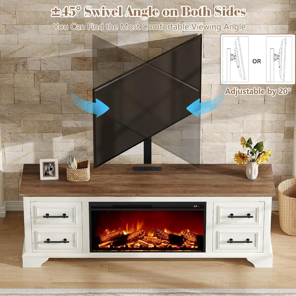 Soporte para TV con chimenea eléctrica de 70 pulgadas, centro de entretenimiento estilo granja con 30 chimenea y tomas de corriente para televisores de 32 a 70