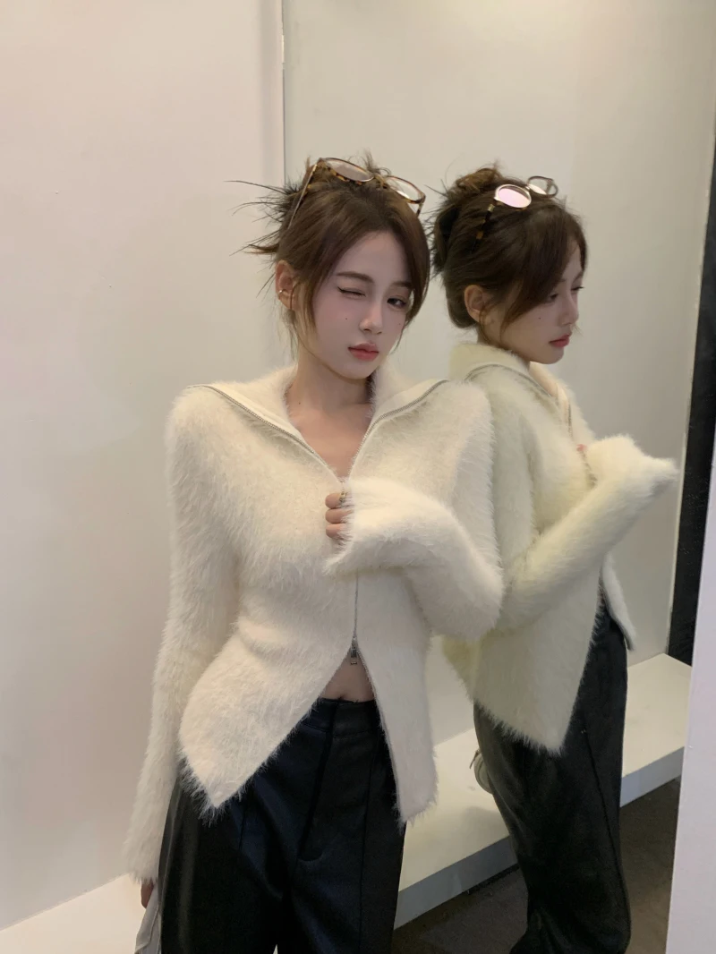 

Women's High Collar Knitted Sweater Coat Double Zipper Faux Mink Autumn Winter Faionable Ele Top Quali Regular Fit