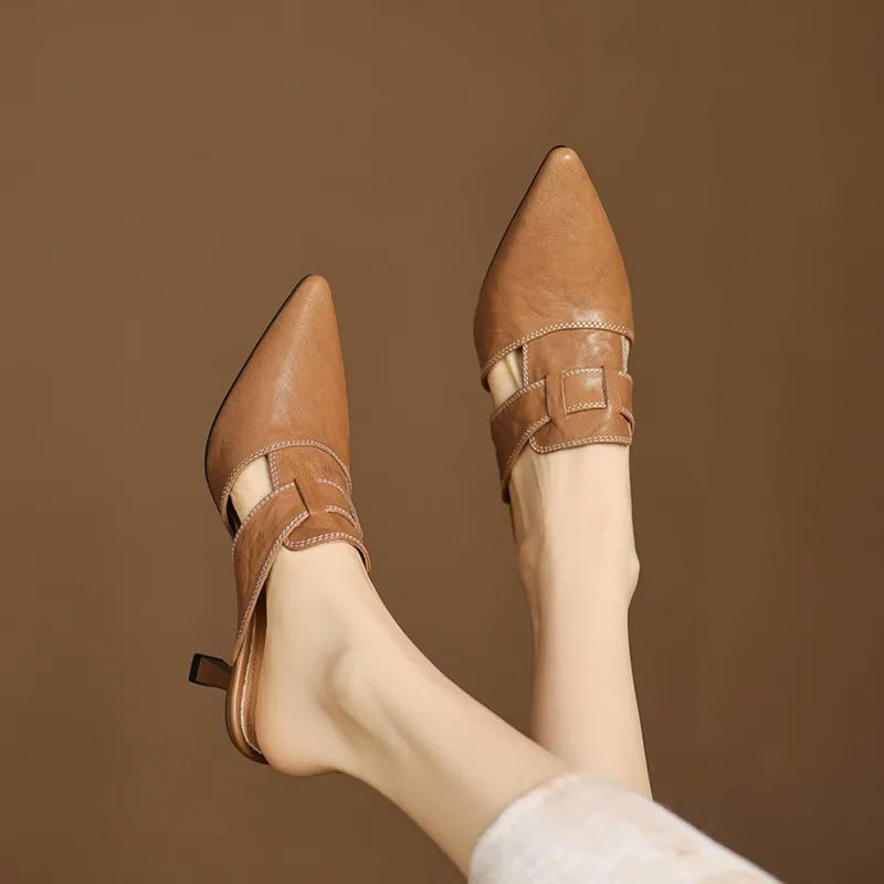 AIYUQI Spring Slippers For Women 2026 New Pointed Toe Genuine Leather Women's Slippers Closed Toe High Heel Women's Slippers