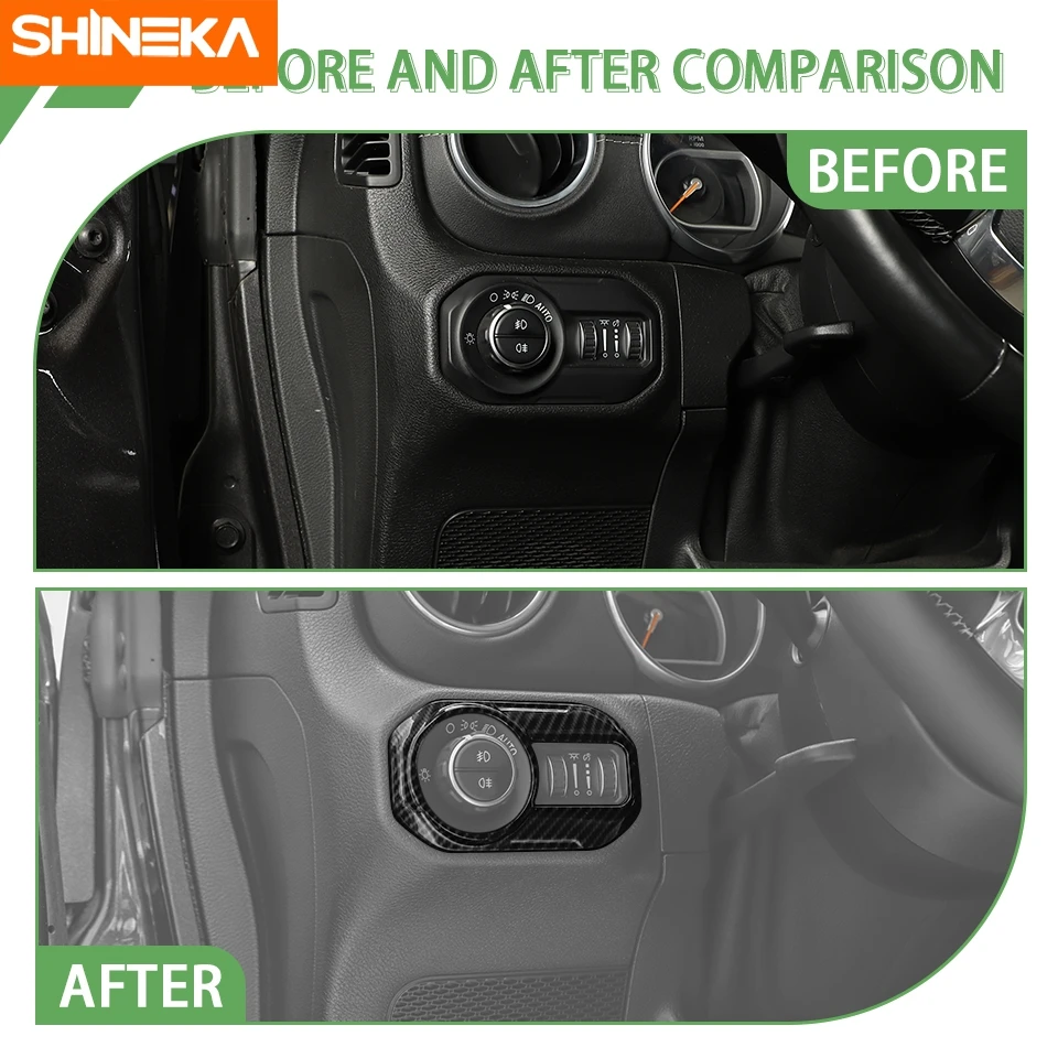 SHINEKA Car Carbon Fiber Grain Headlight Lamp Switch Button Decoration Cover for Jeep Wrangler JL Gladiator JT 2018-2023 Up