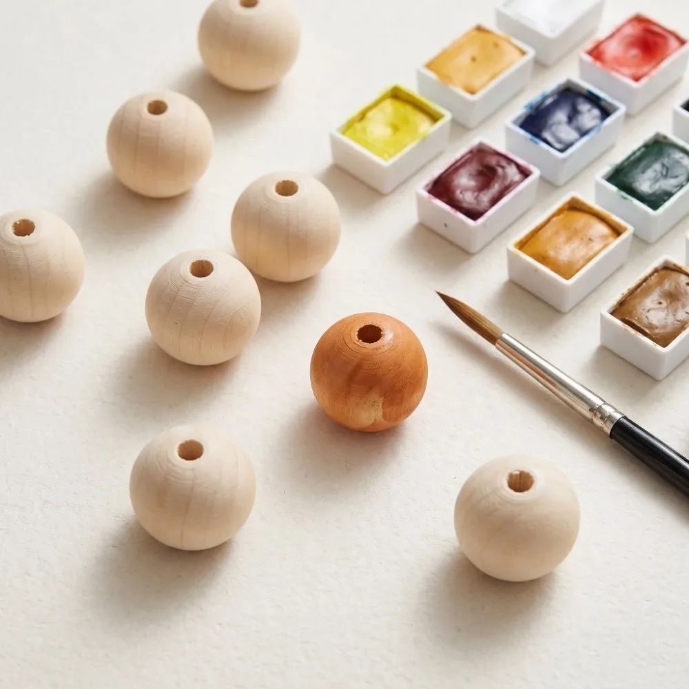 100PCS 1.2in Wooden Beads Raw Wood Tone Finish Solid Wood Decor Parts Smooth Polished Surface DIY Craft Wooden Spacers