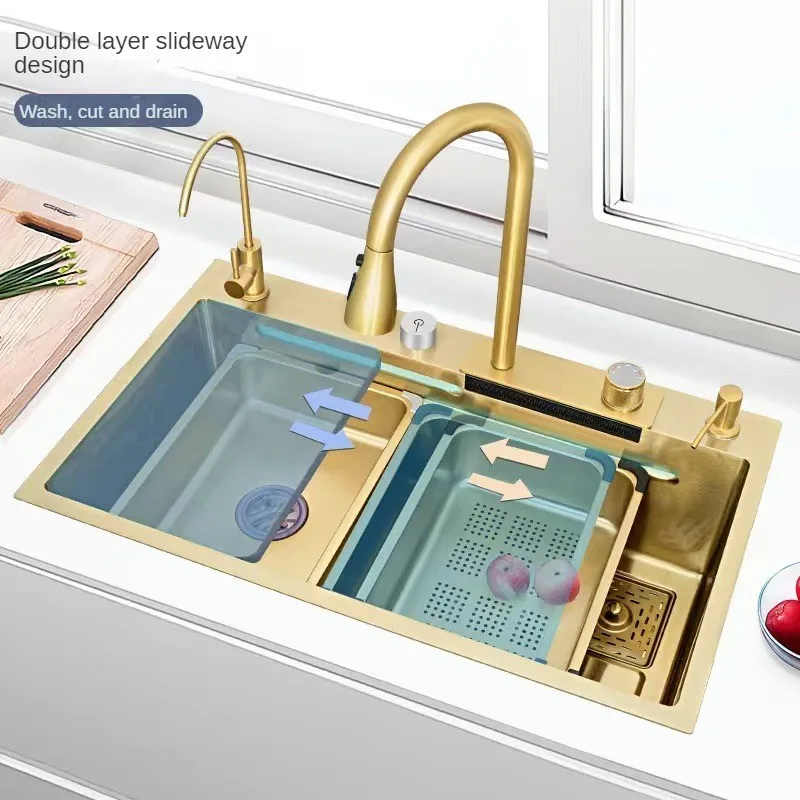 Golden Stainless Steel Waterfall Kitchen Sink Large Single Slot Multifunctional Basin With Knife Holder Left Drain