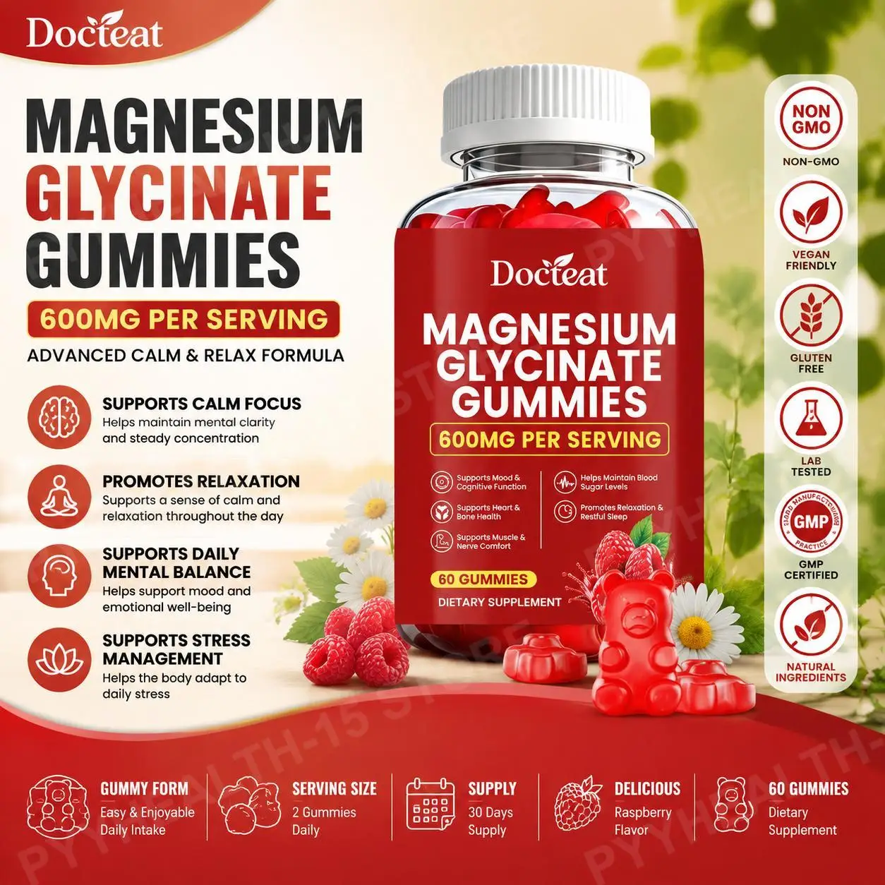 

Docteat Magnesium Glycinate Gummies 600mg Blend with L-Theanine Chamomile Taurine Vitamin B6 D3 Raspberry Flavor 60 Count