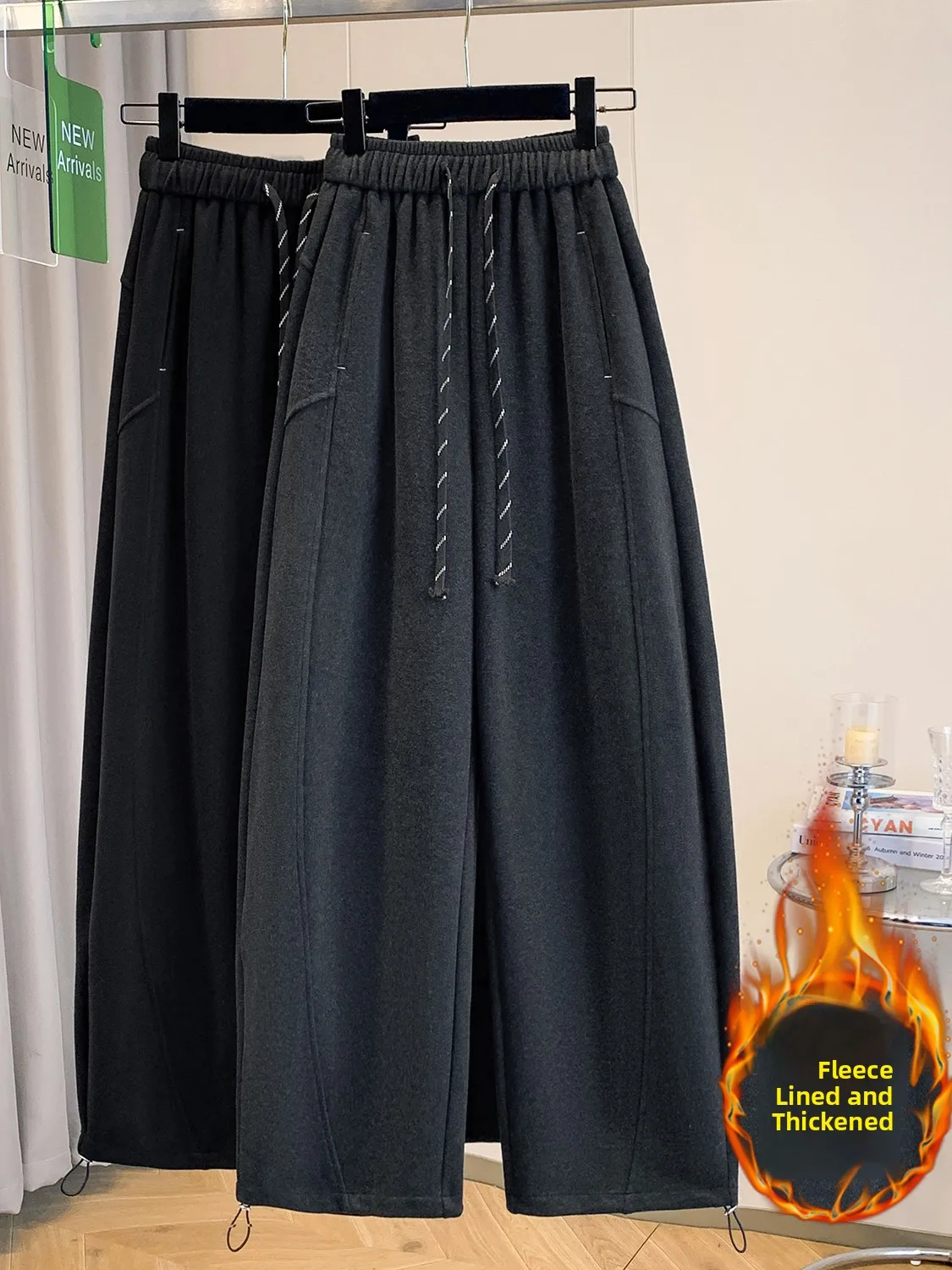 Spodnie z wysokim stanem, ocieplane, wełniane, z szerokimi nogawkami, codzienne, damskie, plus size, z ozdobnymi przeszyciami, jesienno-zimowe...