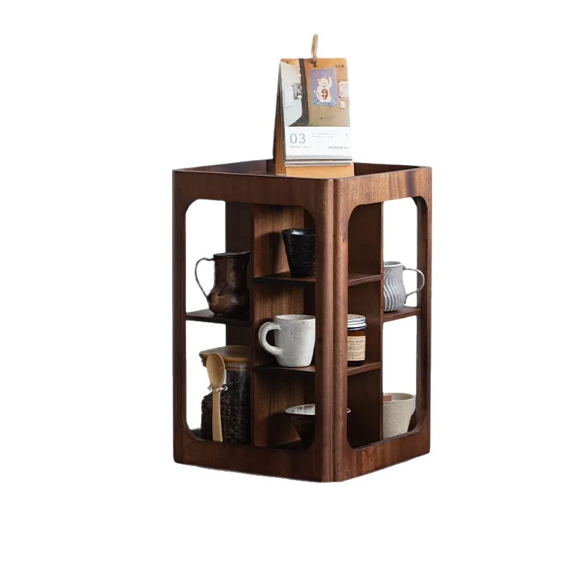 

Walnut rotatable four-layer storage rack, desktop finishing, water cup, coffee cup and saucer utensils, pure solid wood