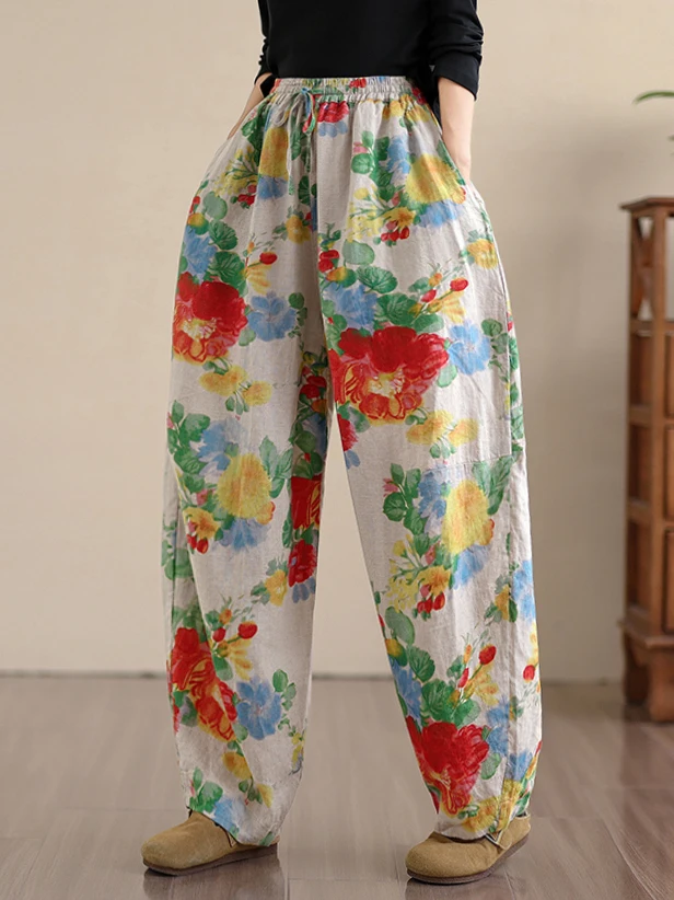 2025 nuevos pantalones Harlan informales Retro de talla grande para mujer, pantalones de lino y algodón, pantalones Harlan con estampado Floral de cintura alta para otoño