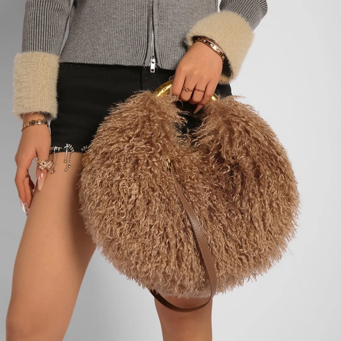 Faux Mongolian Wool Fur Shoulder Bags For Woman Exquisite Handle Top-Handle Bags Hand Bag Ladies Fluffy Plush Handbag Women - view 2