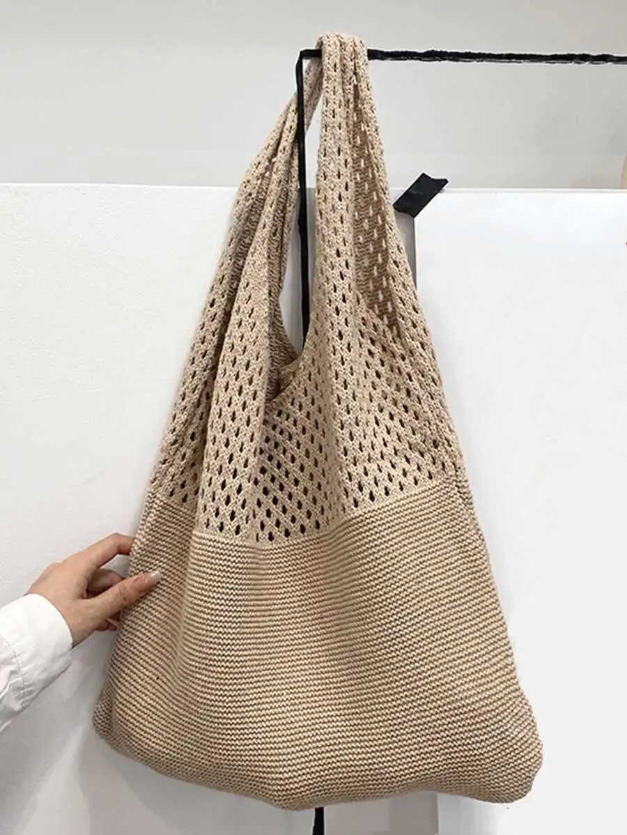 

Beige Knit Mesh Tote Bag with Wide Strap, Large Capacity Casual Shoulder Bag for Summer