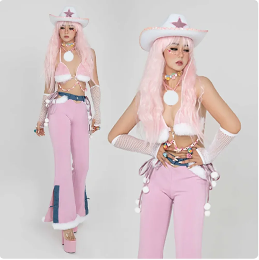 Lovely Cowboy Suit Jazz Hip Hop Dance Costume Plush Bikini Pink Pants Nigthclub Gogo Dancer Clothes Party Rave Outfit