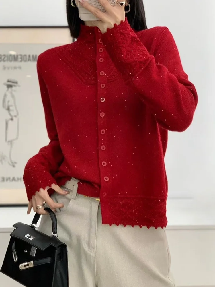 

Red Lace Trim Knitted Open Cardigan Top f High Collar Base irt Casual Loose Fit Soft Fabric Long Sve Winter Faion
