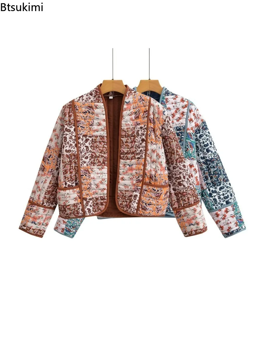 2024Women\'s Casual Warm Jacket Autumn Winter Floral Print Quilted Reversible Cotton Coat Cardigan Long Sleeve Streetwear Jackets