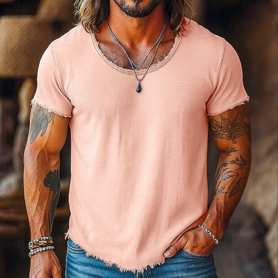 2026 Spring New Men's Casual T-Shirt Short Sleeve Neckline Rough Edge