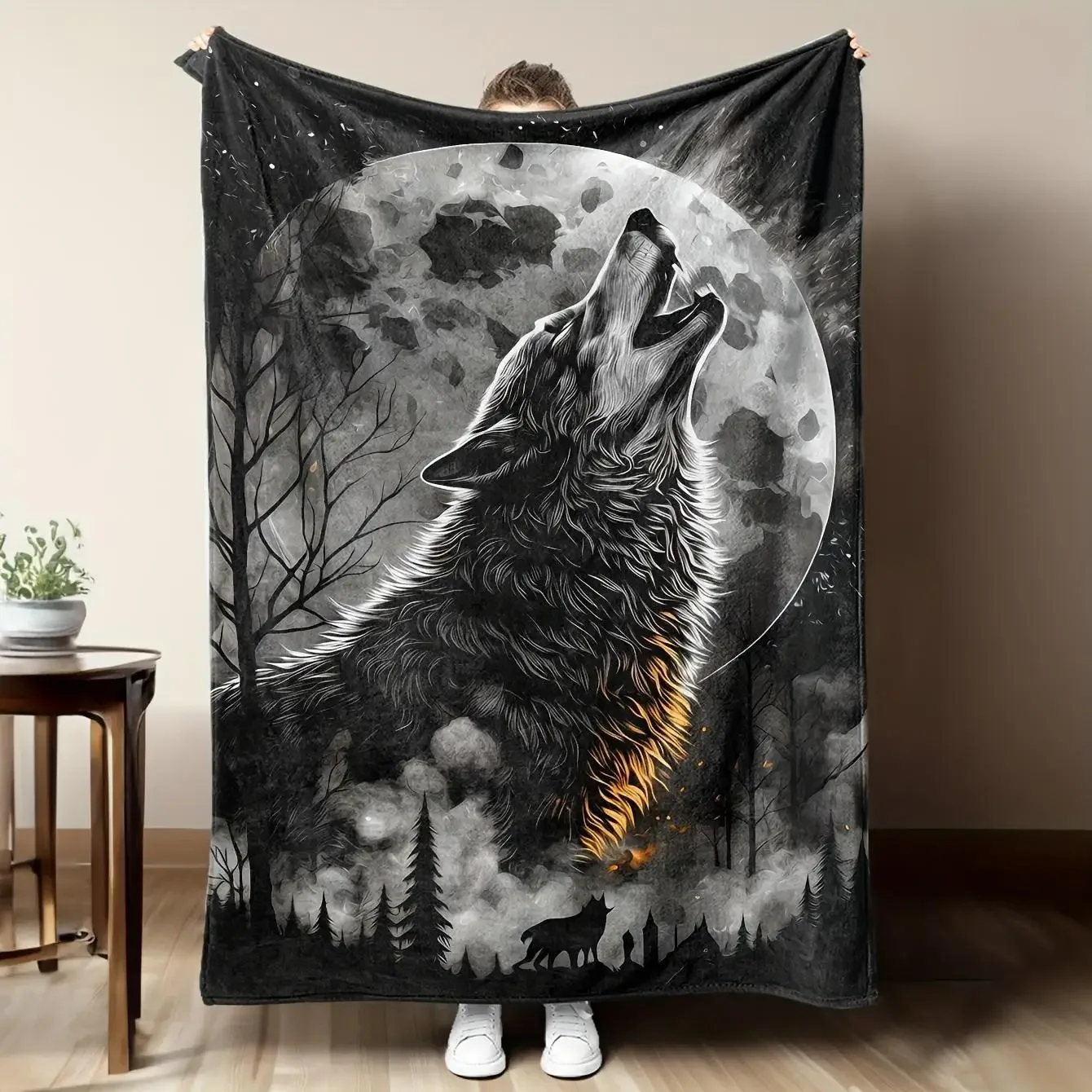 

Stitch Print Blanket with Howling Wolf and Moon Flannel Printed Blanket Soft Flannel Couples Details Blanket For Best Friend